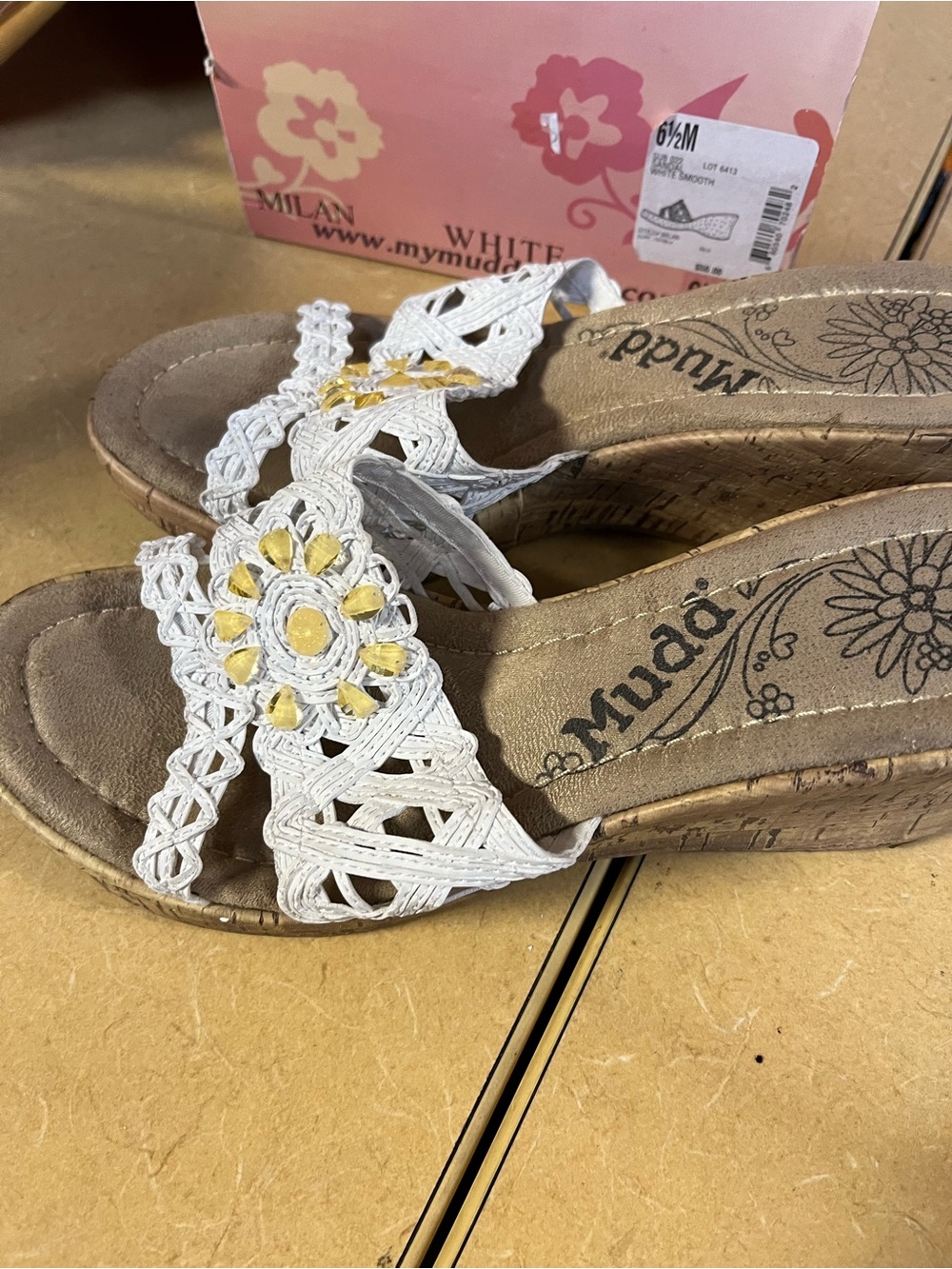 Mudd White Braided Espadrille Slide Sandals with Yellow Flower Accents - Picture 2 of 4